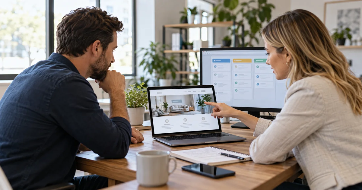 Business owner and consultant reviewing a website and CRM for service business lead generation